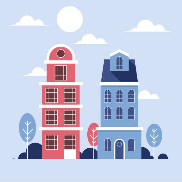 Red and blue buildings