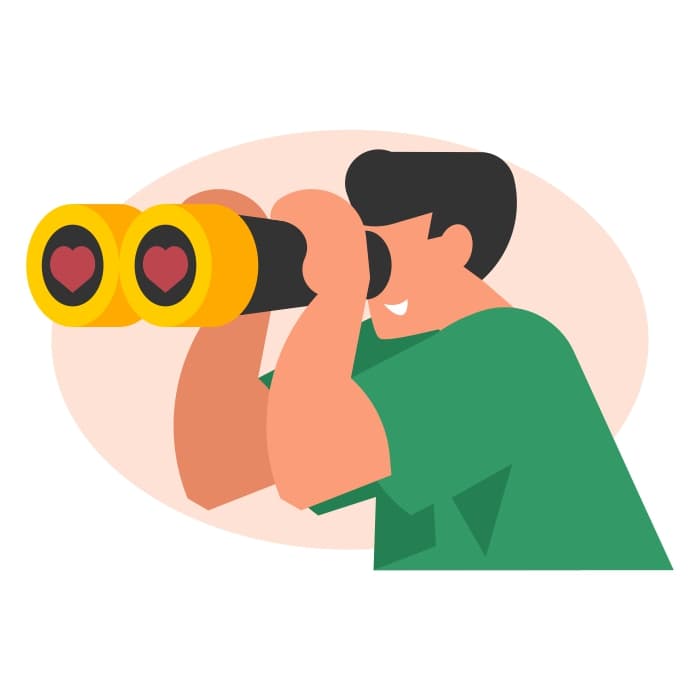 A man is searching for love using binoculars