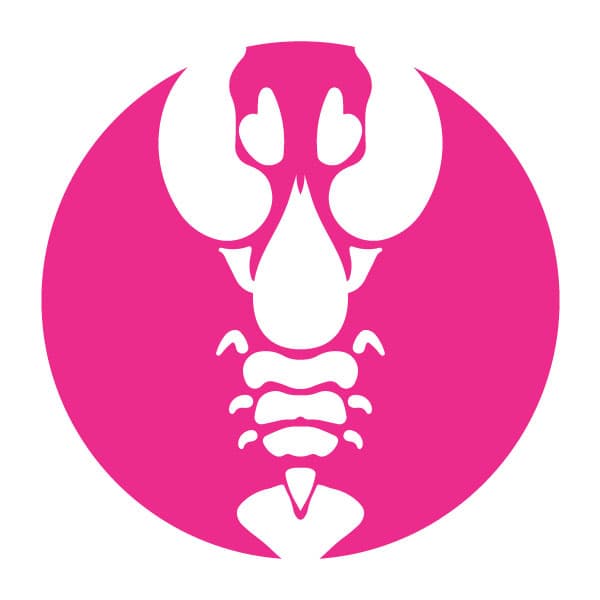 Un cangrejo dentro del logotipo del círculo rosa