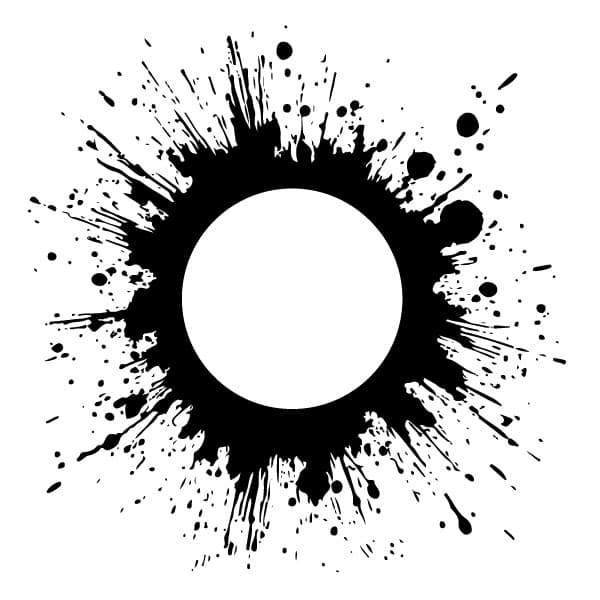 Salpicaduras de tinta negra con círculo transparente en el interior